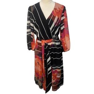 Trina Turk Rosa black floral striped faux wrap dress Size S